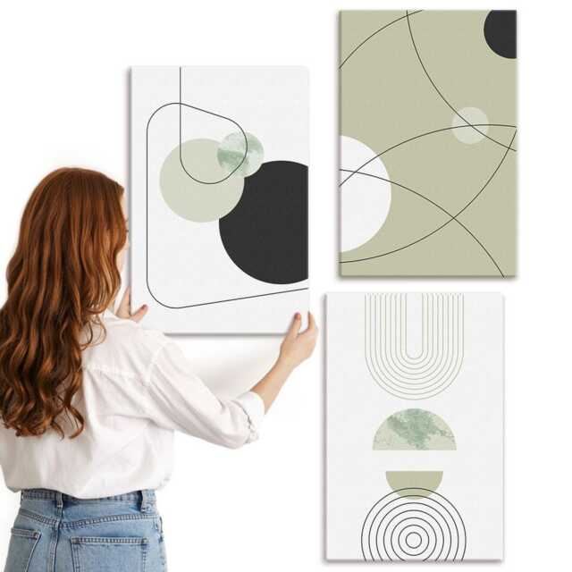 Canvas Set Of 3 - Shapes in Subdued Colors, Green Wall Art, Geometric Hanging Piece - image 1