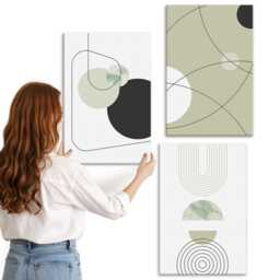 Canvas Set Of 3 - Shapes in Subdued Colors, Green Wall Art, Geometric Hanging Piece - thumbnail 1