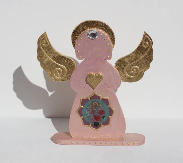 Angel Of Love Home Decor With Gold Leaf Gilded Heart & Wings, Rose Pink Archangel Chamuel Figurine, Wedding Decoration, Engagement Gift - image 1