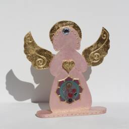 Angel Of Love Home Decor With Gold Leaf Gilded Heart & Wings, Rose Pink Archangel Chamuel Figurine, Wedding Decoration, Engagement Gift - thumbnail 2