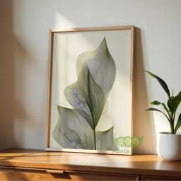 Green Abstract Botanical Wall Art, Japandi Minimalist Print, Modern Elegant Leaf Poster, Neutral Nature Home Decor - thumbnail 3