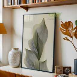 Green Abstract Botanical Wall Art, Japandi Minimalist Print, Modern Elegant Leaf Poster, Neutral Nature Home Decor - thumbnail 2