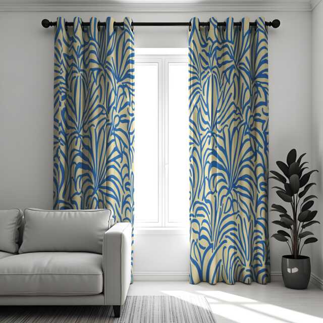 Blue Beige Tropical Leaf Curtains, Bold Botanical Flower Drapes, Modern Window Treatment, Living Room & Bedroom Curtain Panels - image 1