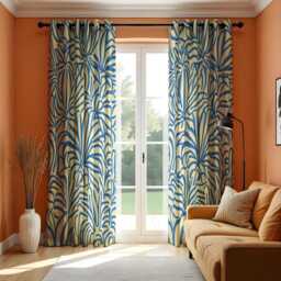 Blue Beige Tropical Leaf Curtains, Bold Botanical Flower Drapes, Modern Window Treatment, Living Room & Bedroom Curtain Panels - thumbnail 2