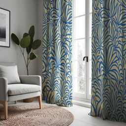Blue Beige Tropical Leaf Curtains, Bold Botanical Flower Drapes, Modern Window Treatment, Living Room & Bedroom Curtain Panels - thumbnail 3