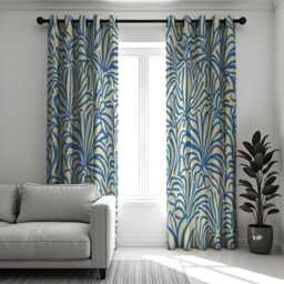 Blue Beige Tropical Leaf Curtains, Bold Botanical Flower Drapes, Modern Window Treatment, Living Room & Bedroom Curtain Panels - thumbnail 1