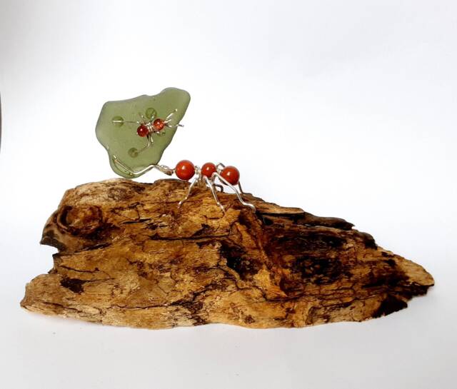Tiny Leaf Cutter Ants Sculpture With One Major & Minor Riding A Sea Glass Leaf Fragment - image 1