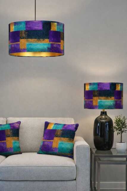 Handmade By Order Luxury Purple Teal Black Abstract Pattern On Velvet Drum Lamp Shade Pendant Light All Shapes & Sizes Available - image 1