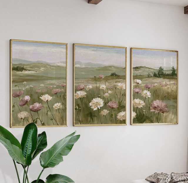 Floral Meadow Trio, Pink Landscape Wall Art Set - image 1