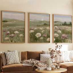 Floral Meadow Trio, Pink Landscape Wall Art Set - thumbnail 4