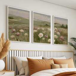 Floral Meadow Trio, Pink Landscape Wall Art Set - thumbnail 3