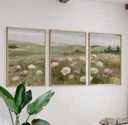 Floral Meadow Trio, Pink Landscape Wall Art Set - thumbnail 1