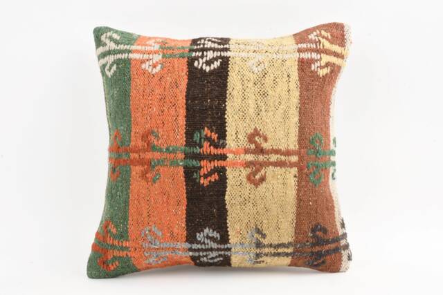 Vintage Turkish Kilim Pillow Cover 16'' Handwoven Wool Throw - image 1