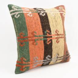 Vintage Turkish Kilim Pillow Cover 16'' Handwoven Wool Throw - thumbnail 3