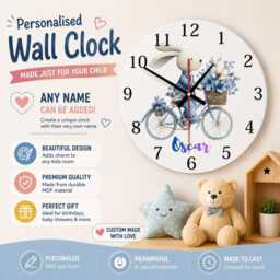 Personalised Blue Bunny Wall Clock, Nursery Kids Room Decor, Mdf Round Baby Gift - thumbnail 1