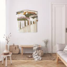 Large Olive Green & Dusty Pink Woven Wall Hanging, Colorful Above The Bed Tapestry, Boho Abstract Weave Hanging For Modern Interior - thumbnail 3