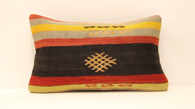 Handmade Wool Kilim Lumbar Pillow Cover, Boho Throw Cushion - 12x20 In - image 1