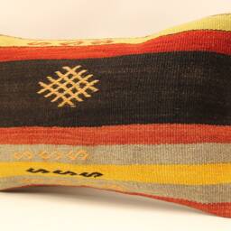 Handmade Wool Kilim Lumbar Pillow Cover, Boho Throw Cushion - 12x20 In - thumbnail 3