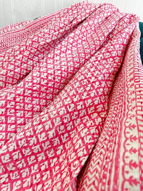 Kantha Stitch Pure Cotton Reversible Bed/Sofa Throw King Size - Handmade Handprint Dohar White Pink Jaipur Floral Pottery Mughal Mini Motif - image 1