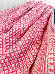 Kantha Stitch Pure Cotton Reversible Bed/Sofa Throw King Size - Handmade Handprint Dohar White Pink Jaipur Floral Pottery Mughal Mini Motif - thumbnail 1