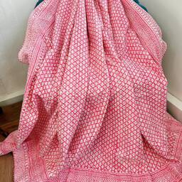 Kantha Stitch Pure Cotton Reversible Bed/Sofa Throw King Size - Handmade Handprint Dohar White Pink Jaipur Floral Pottery Mughal Mini Motif - thumbnail 3