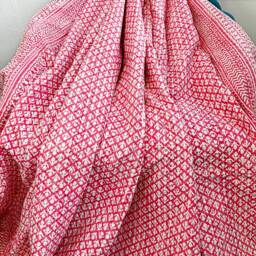 Kantha Stitch Pure Cotton Reversible Bed/Sofa Throw King Size - Handmade Handprint Dohar White Pink Jaipur Floral Pottery Mughal Mini Motif - thumbnail 2