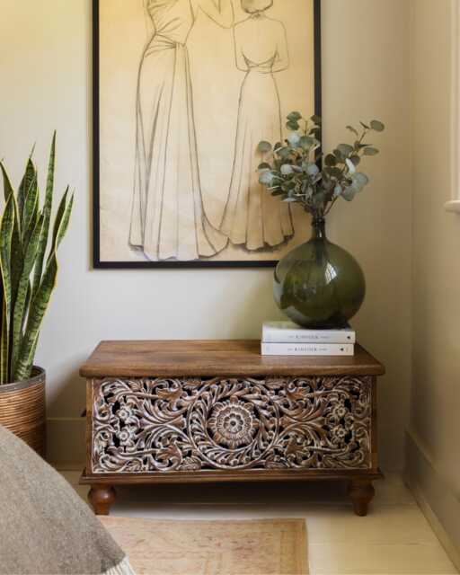 Hand-Carved Mango Wood Storage Box - Whitewashed Floral Design - image 1