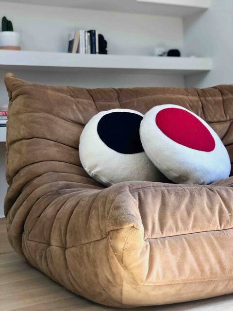 Round Cushion With Removable Cover, Handmade in France, Recycled Boiled Wool White, Black, Red, 40cm Diameter, Polyester Fiber Padding - image 1