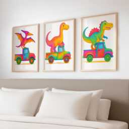 Nursery Wall Art - Dinosaurs in Trucks Print Set Of 3 - Colourful Dino Construction Decor A3 A4 Unframed Gift For Toddler Boys Bedroom - thumbnail 1