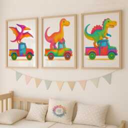 Nursery Wall Art - Dinosaurs in Trucks Print Set Of 3 - Colourful Dino Construction Decor A3 A4 Unframed Gift For Toddler Boys Bedroom - thumbnail 2