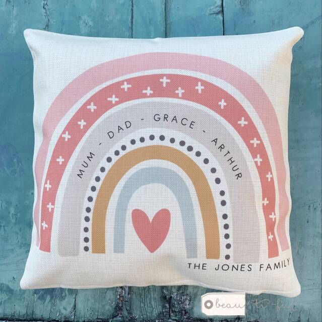 Personalised Family Names ... Pastel Rainbow Design Home Quote Linen Style Cushion Decor Cover