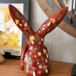 Whimsical Hand-Painted Bunny Sculpture - Woodland Decor - thumbnail 2