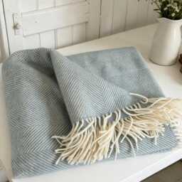 Blanket/Throw, 100% Pure New Wool, Herringbone Dusky Green, Teal, C/W Fringe Edge 140x200cms - thumbnail 3