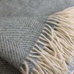 Blanket/Throw, 100% Pure New Wool, Herringbone Dusky Green, Teal, C/W Fringe Edge 140x200cms - thumbnail 2