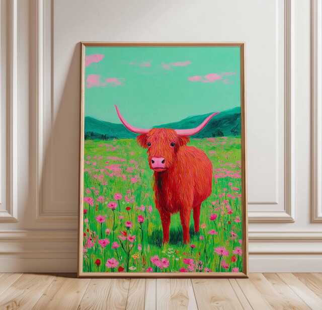 Highland Cow Wall Art, Colorful Scottish Print, Pink & Green Animal Poster, Wildflower Field Decor, Funky Farmhouse Art - image 1