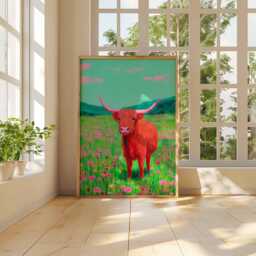 Highland Cow Wall Art, Colorful Scottish Print, Pink & Green Animal Poster, Wildflower Field Decor, Funky Farmhouse Art - thumbnail 3