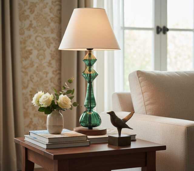 Handmade Blown Glass Table Lamp - Bow Tie Design With White Chapeau Shade - image 1