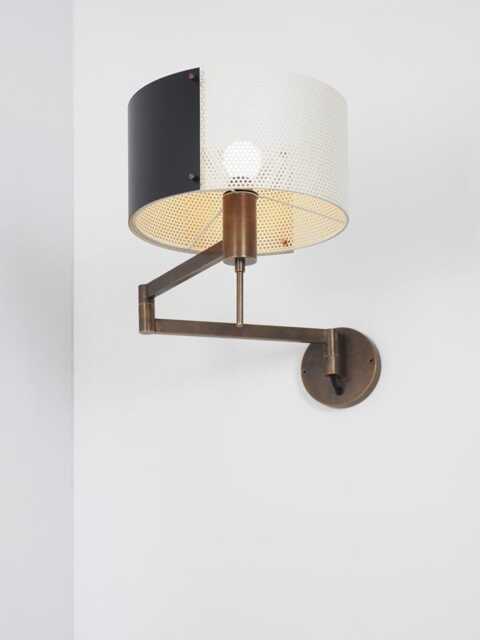 1950S Mid-Century Modern Articulating Brass Wall Sconce - Black & White Shade, Italian Retro Patina Swing Arm Light Fixture - image 1