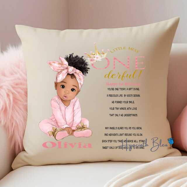 Personalised Baby Girl 1st Birthday Cushion - Christian Mixed-Race Gift Custom Name Pillow - image 1