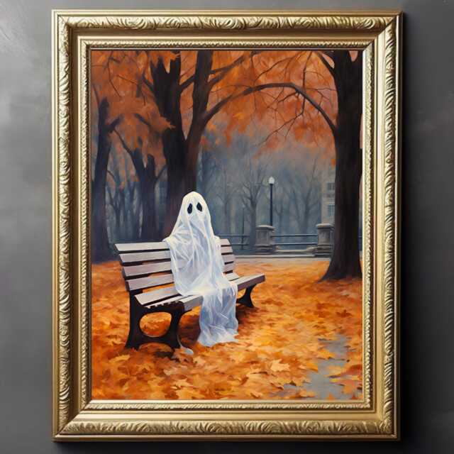 Autumn Ghost On Park Bench Print - Autumnal Print, Halloween Decor, Fall Gothic Home Art - image 1