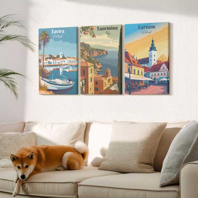Canvas Set Of 3 Wall Art - Views Coastal Cities & Their Architecture, Multicolored Print, Travels Hanging Piece - image 1
