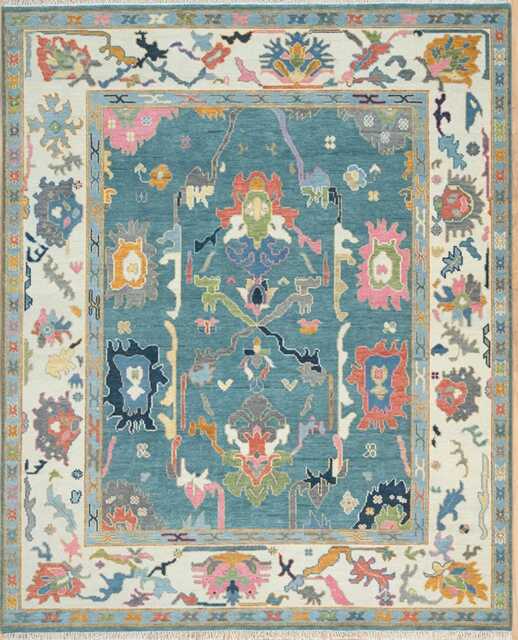 Handmade Oushak Wool Rug, Teal Blue Ivory Oriental Area Rug Ar_3321 - image 1