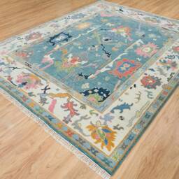 Handmade Oushak Wool Rug, Teal Blue Ivory Oriental Area Rug Ar_3321 - thumbnail 2