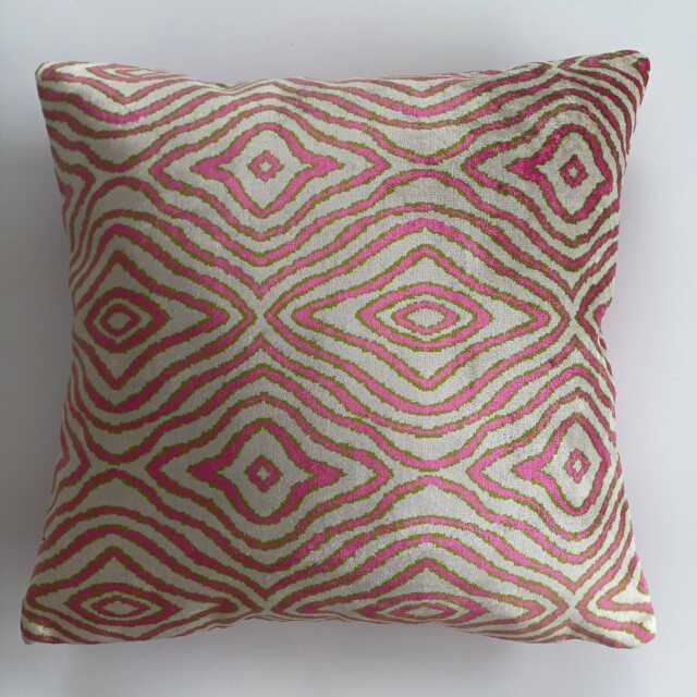 Silk Velvet Cushion Cover, Pink Ikat Pillow, Turkish Jacquard Cushion, Decorative Pillowcase 16''x16''/40x40 cm - image 1