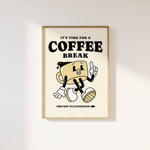 Time For A Coffee Break Retro Mascot Character Kitchen Print - Funky Decor, 70S 80S 90S Cartoon, Fun Trendy Bold Art - image 1