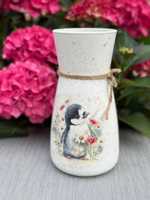 Floral Penguin Glass Vase , Decoupage New Home Birthday Gift White