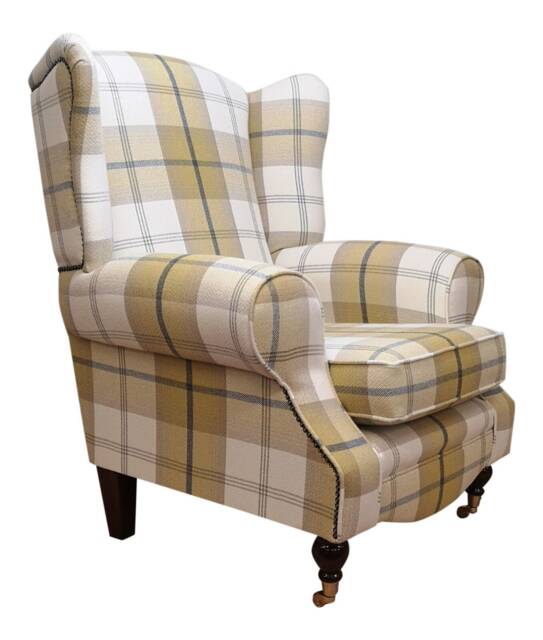 Queen Anne Wing Back Cottage Fireside Chair Balmoral Ochre - Mustard&grey Tartan - image 1