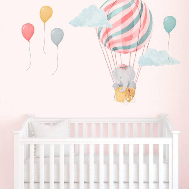 Small Elephant in Basket - Pink Fabric Wall Decal Nursery Daydreams Collection Mej - image 1
