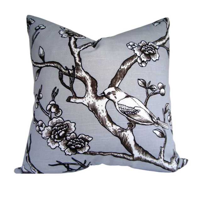 Dwell Studio Floral Bird Pillow Cover - Gray & White Cotton Accent Cushion - image 1