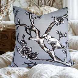 Dwell Studio Floral Bird Pillow Cover - Gray & White Cotton Accent Cushion - thumbnail 2